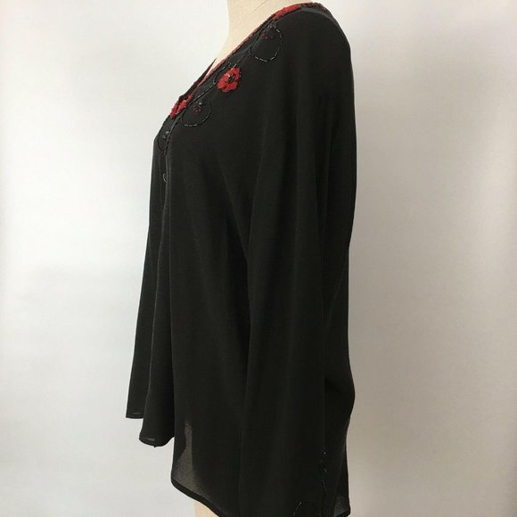 Carole Little Womens Silk Top Black Size 4 Blouse Red Semi Sheer Flower Bead VTG - Picture 6 of 10